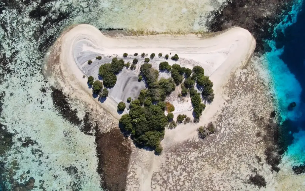 Aerial view of the crescent-shaped sandbar and surrounding reef at Taka Makassar, Komodo National Park.