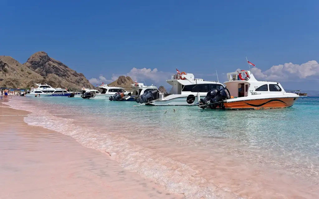 Speedboats drawn up on the pink sand shoreline of Pink Beach, Padar Island, Komodo National Park.