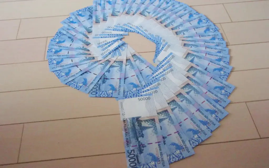 Indonesian rupiah banknotes laid out in a row.