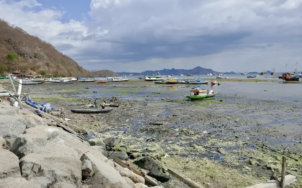 The rocky Labuan Bajo shoreline exposed at low tide, with boats moored offshore.