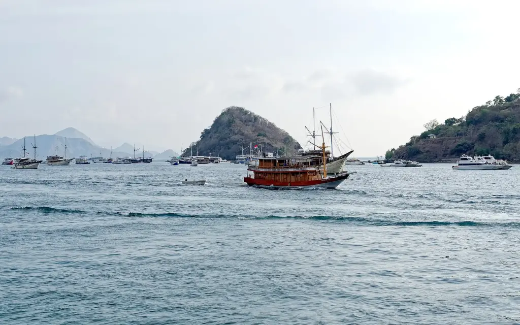 Wooden boats riding at anchor off Labuan Bajo with the hills of Flores behind them.