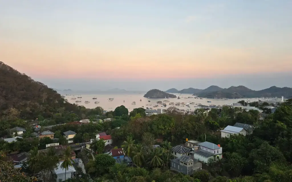 Morning view across Labuan Bajo harbour on Flores, Indonesia.