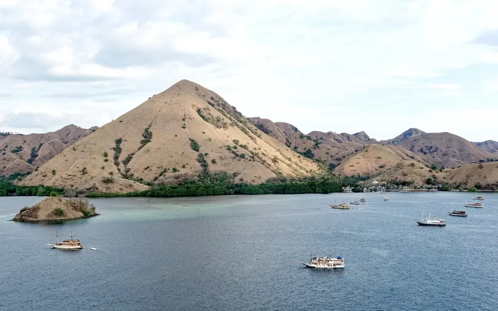 Dry hills and a sheltered bay dotted with boats, seen from the hill on Kelor Island.