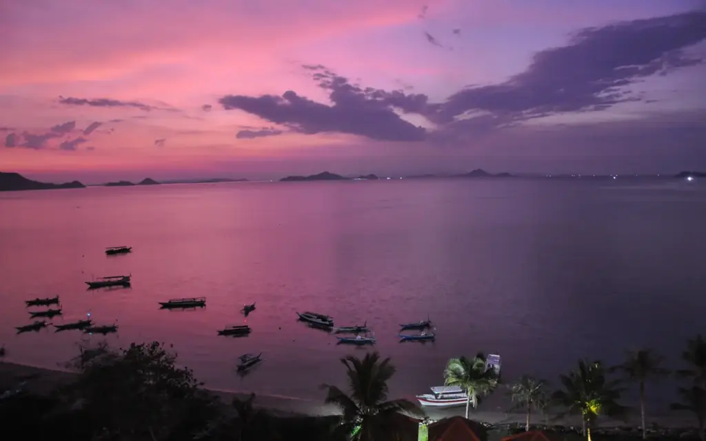 Sunset over the water at Labuan Bajo on the west coast of Flores.