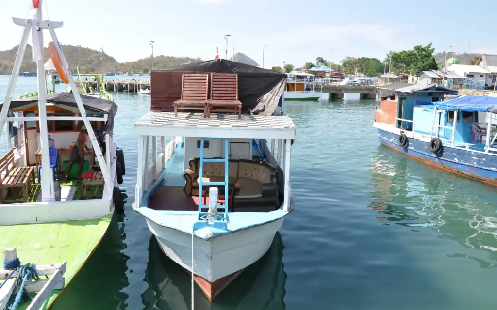 Wooden tourist boats moored at Labuan Bajo, the departure point for island trips.