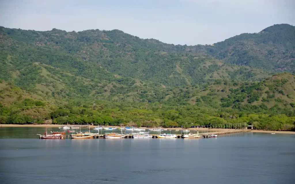 A wooden jetty elsewhere in Komodo National Park where visitor boats come alongside; Kanawa Island itself has had no landing structure since August 2024